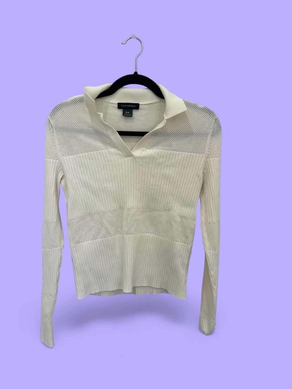 Club Monaco Cream Open-Collar Mesh & Ribbed Knit Sweater